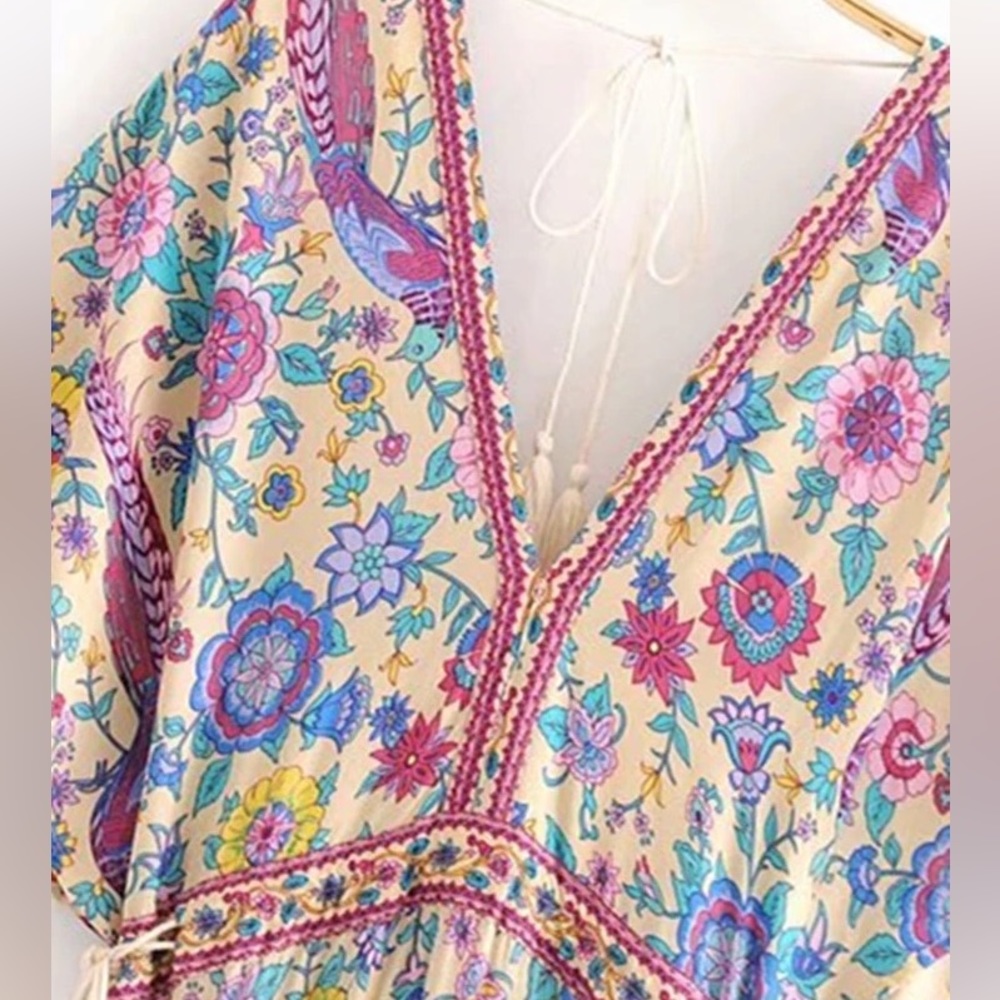 Bohemian dress floral beach maxi tie v-neck flow peacock summer multicolor rope - Picture 3 of 7